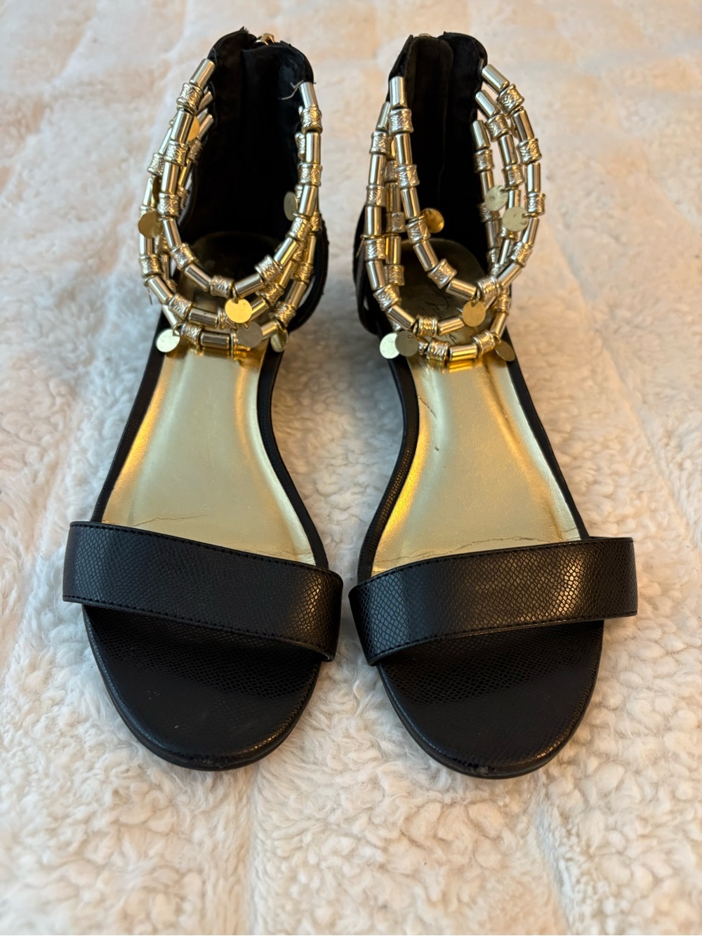 Thalia Sodi Black Sandals with Gold Beaded Ankle Straps